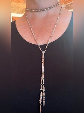 Stella & Dot Two-Tone Choker Lariat Necklace in Silver and Light Gold